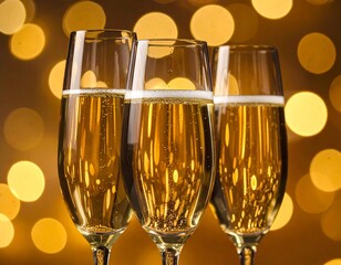 Three champagne flutes with bubbles against bokeh background