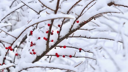 Winter branches covered in fresh fluffy snow with bright red berries creating a vibrant seasonal contrast in garden nature