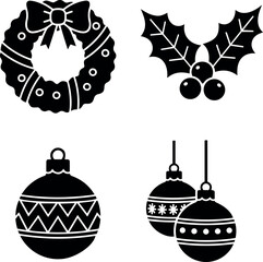 Christmas Holiday Decoration Silhouettes: Wreath, Holly, and Baubles Icons