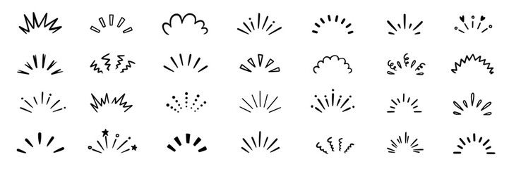 Hand drawn line art bursts with surprise rays and sparkles. Doodle hand drawn starburst icons shine bright. Surprise shapes for comic effects, manga splash, cartoon decorations. Vector illustration