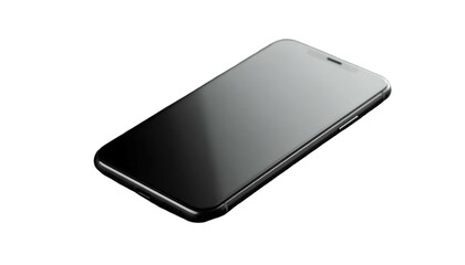 Angled shot of a modern smartphone with a dark screen, set against a black backdrop