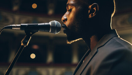 Man singing into microphone on dimly lit stage wearing dark suit