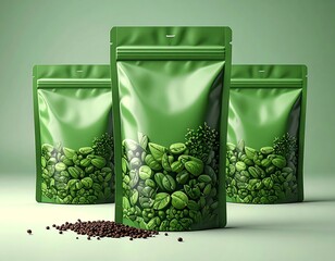 Three green pouches with a leaf design and small brown pile