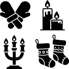 Winter Holiday and Christmas Essentials Icon Set: Mittens, Candles, and Stockings