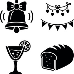 Diverse Black Silhouette Icons Set: Celebration, Food, and Party Elements