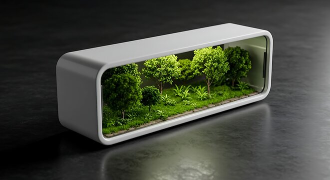 Modern Miniature Indoor Garden in a White Terrarium Box on a Dark Surface