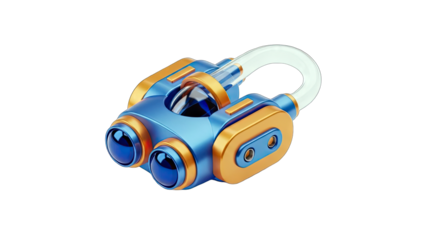 Futuristic Device with Transparent Tube and Blue Spheres on White Background