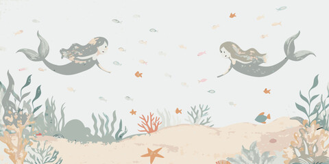 Two whimsical mermaids swim amongst coral and marine life in a pastel scene
