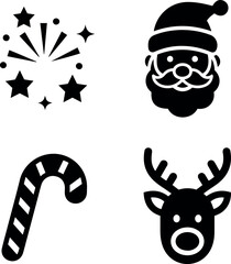 Festive Christmas and New Year Holiday Celebration Icons Set with Santa, Reindeer, Candy Cane, and Fireworks