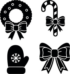 Classic Christmas Holiday Icons Set: Wreath, Candy Cane, Mitten, and Bow Silhouettes