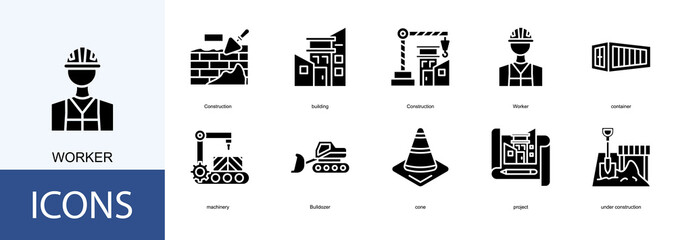 worker icon collection set. Containing Construction, building, container, machinery, Bulldozer icon