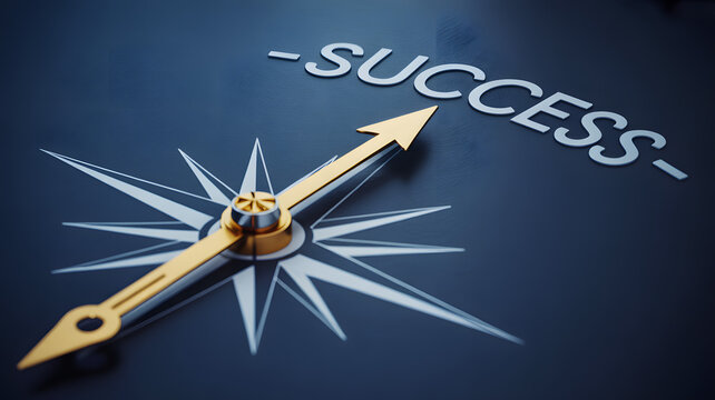 Golden compass arrow pointing towards the word success on a dark blue background symbolizing direction and achievement in business and life