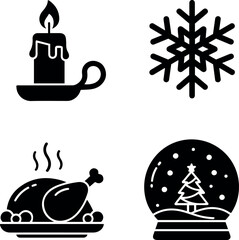 Christmas and Winter Holiday Icons Set: Festive Candle, Snowflake, Roasted Turkey, Snow Globe