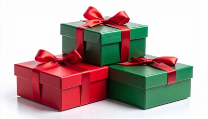 Obraz premium Stacked Green and Red Gift Boxes with Ribbon on White Background