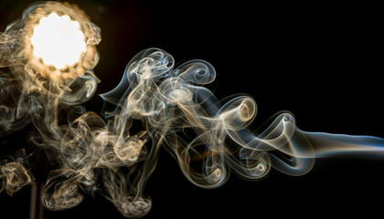 Smoke curls gracefully against dark background illuminated by bright light source