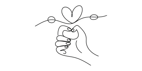 Minimalist one line drawing of hand holding string with heart symbol