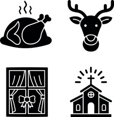 Christmas Holiday Icons Set: Roasted Turkey, Reindeer, Decorated Window, Church Silhouettes