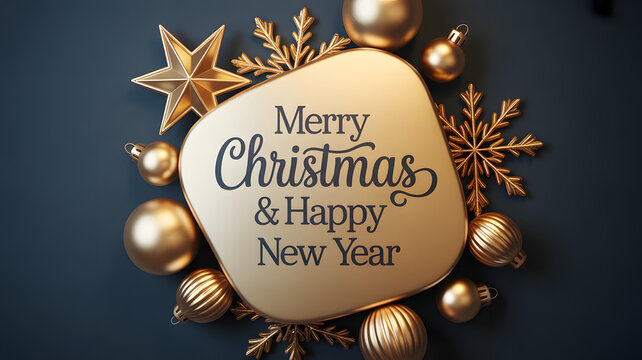 Elegant merry christmas and happy new year greeting with golden ornaments and snowflakes on a dark background festive celebration - Powered by Adobe