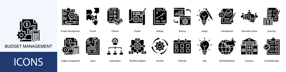 budget management icon collection set. Containing Project Management, Puzzle, Closure, Project, strategy, Sharing, design, management icon