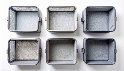 Six Gray Open Storage Bins Arranged on a White Surface with Textured Bottoms