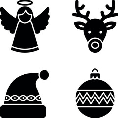 Christmas Holiday Icons Set: Angel, Reindeer, Santa Hat, and Ornament Silhouettes