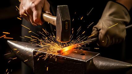 Skilled blacksmith forging glowing hot metal with a hammer on an anvil, dramatic sparks flying in a dark workshop