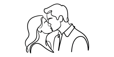 Minimalist one line drawing of couple kissing, romantic love