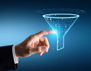 A person?s hand is touching a glowing, stylized funnel made of circuits, suggesting data processing or digital transformation