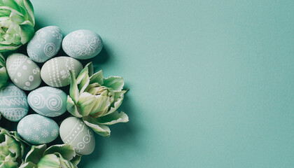Easter egg hunt celebration with delicate painted eggs and spring flowers on a pastel background