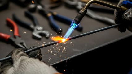 Gloved hands welding metal rod with gas torch, producing bright sparks in workshop. Industrial metalworking process.