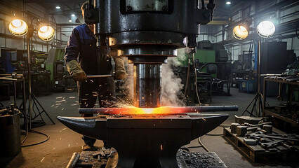 Industrial forging: Worker uses hydraulic press to shape glowing hot metal on an anvil, sparks ignite in workshop.