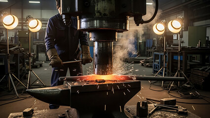 Worker forging glowing hot metal on anvil with a power hammer, sparks flying in an industrial workshop setting.