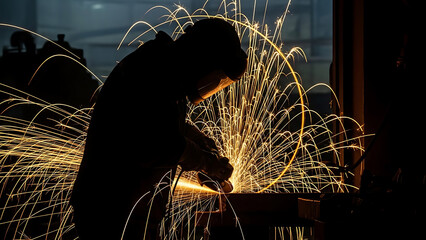 Dynamic sparks from metal grinding by a worker silhouette in a dark industrial workshop.