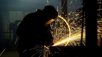 Industrial worker grinding metal, creating a shower of bright sparks in a dark factory.