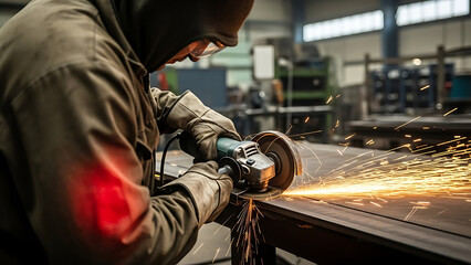 Industrial worker grinding metal with angle grinder, creating bright sparks in a factory setting