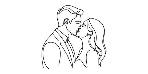 Minimalist one line drawing of couple kissing in love