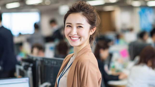 オフィスで自信に満ちた表情の日本人バリキャリOL 仕事ができる30代40代の女性会社員
