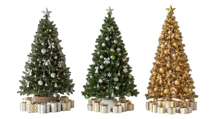 Beautifully decorated Christmas tree set with gift box on transparent Background. Perfect for greetings card, banner, invitation, and christmas and New year poster. 