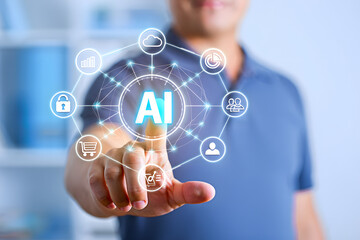 businessman pressing social network icon