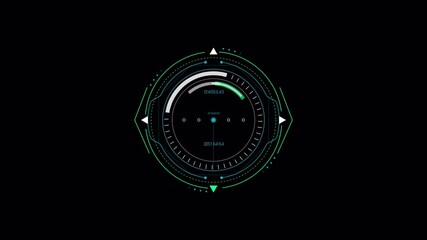 Futuristic HUD Display Animation with Digital Interface Elements on Black Background.