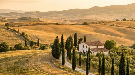 Tuscan hills scenery featuring rolling golden fields, tall cypress trees, creating a peaceful, sunlit, timeless Italian countryside background