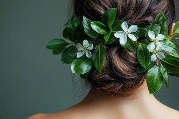 Naklejka premium Beauty, hair, and plant with a woman's back, isolated on a gray background for growth and sustainability. Confident young model promoting eco-friendly skincare and spring beauty, Generative AI