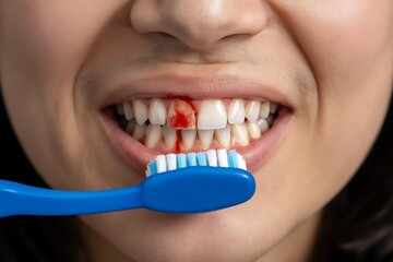 Person Brushing Teeth with Bleeding Gums Keywords: teeth, gums, bleeding, blood, toothbrush