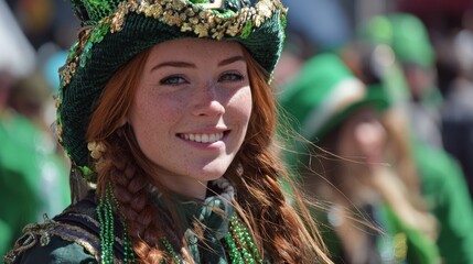 A woman with red hair smiling, wearing a St. Patrick's Day hat and adornments 