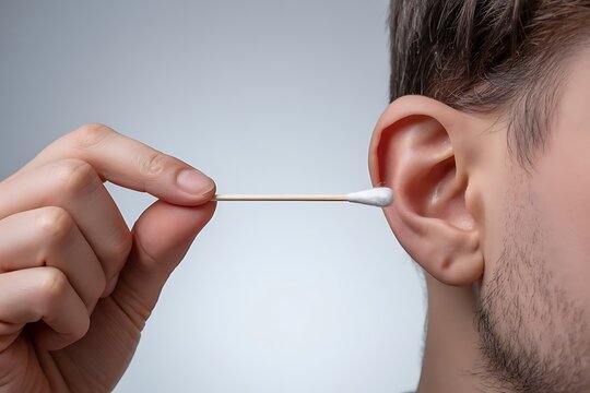 Person cleaning ear with cotton swab q-tip hygiene