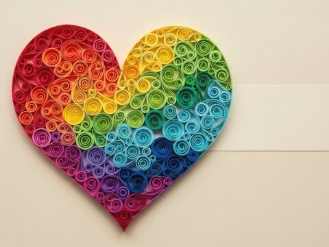 Vibrant rainbow heart crafted from delicate quilled paper strips - Powered by Adobe
