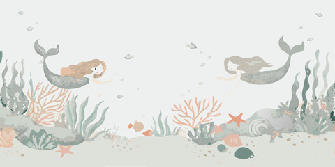 Whimsical illustration of two mermaids swimming amidst coral and underwater plants