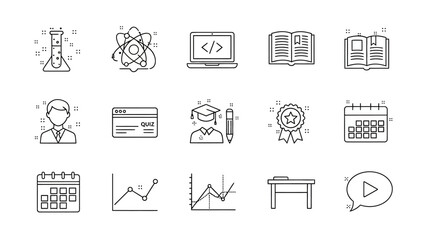 A collection of black and white line icons representing various concepts related to education, science, technology, and business analytics, including books, graphs, laptops, and lab equipment.