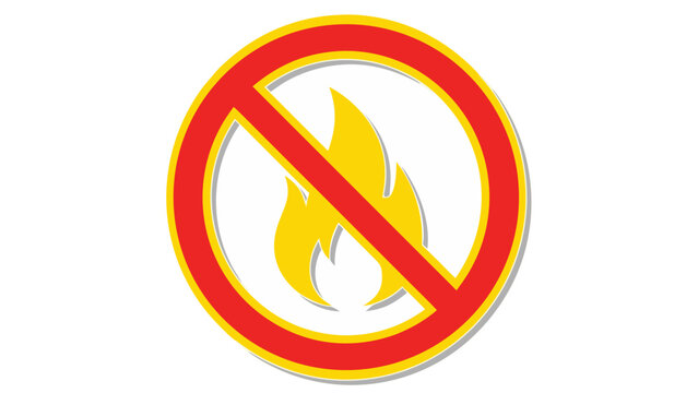 Red Circle with Diagonal Line Over Yellow Flame Symbol Isolated on White Background With Shadow Effect No Fire Icon Graphic Element