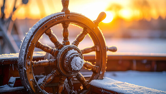 Wheel of Time: An aged wooden ship's wheel, weathered by the elements and dusted with snow, stands steadfast against the golden embrace of the sunrise, a beacon of guidance amidst the cold.